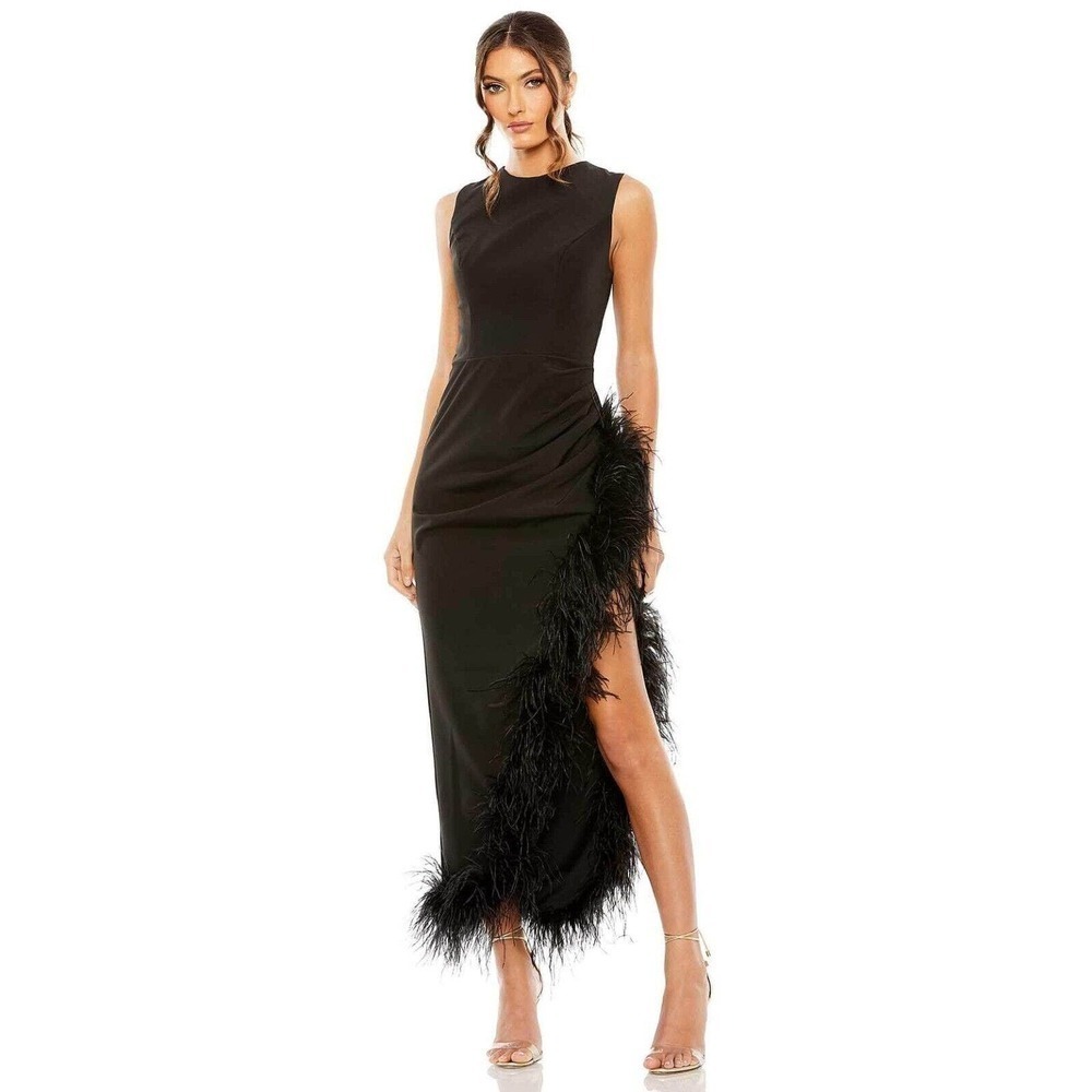 Mac Duggal Feather Trim Asymmetric Dress Sleeveless Black Size 10 NWT